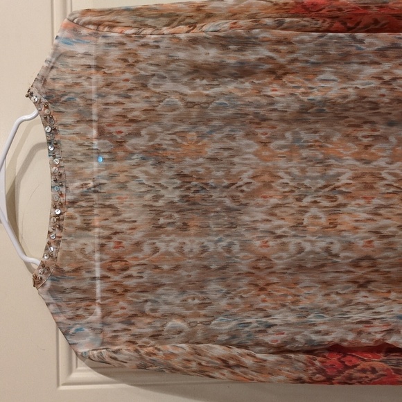 Chicos Tunic: Sheer, Abstract Print Embellished With Beads & Rhinestones, V-Neck - Picture 11 of 16